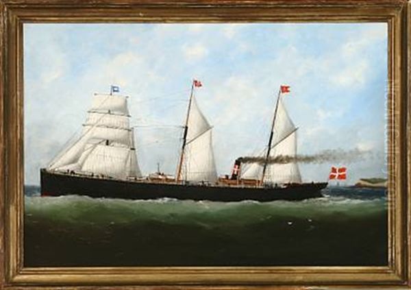 Danish Barquentine Off The Coast Of Le Havre Oil Painting by Edouard Adam