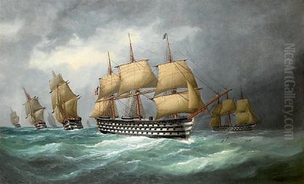 The First French Steam Battlefleet In Formation At Sea Oil Painting by Edouard Adam