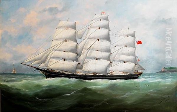 The Full-rigger King Ceolric Running Down The Coast Under Full Sail Oil Painting by Edouard Adam