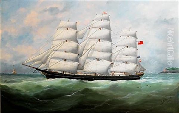 The Full-rigger "king Ceolric" Running Down The Coast Under Full Sail Oil Painting by Edouard Adam