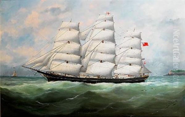 The Full-rigger "king Ceolric" Running Down The Coast Under Full Sail Oil Painting by Edouard Adam