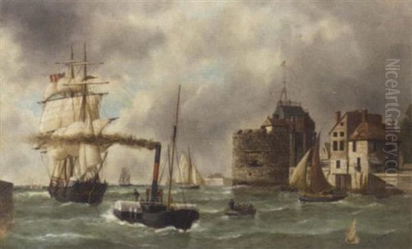 An American Clipper Being Towed Into Le Havre With The Pilot Cutter Standing By Oil Painting by Edouard Adam