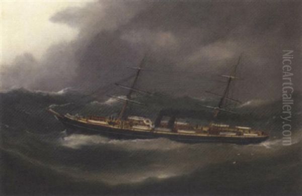 A P. & O. Steamer Reefed Down In Heavy Seas Oil Painting by Edouard Adam