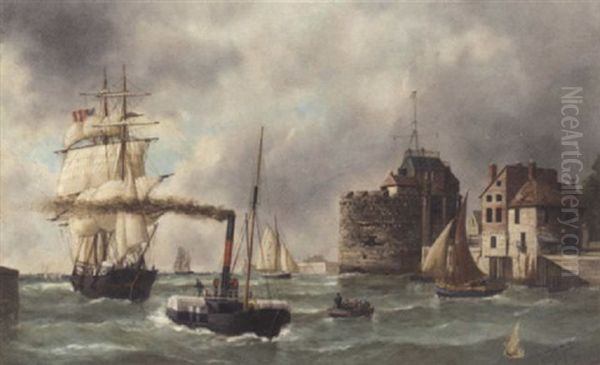 An American Clipper Being Towed Into Le Havre With The Pilot Cutter Standing By Oil Painting by Edouard Adam