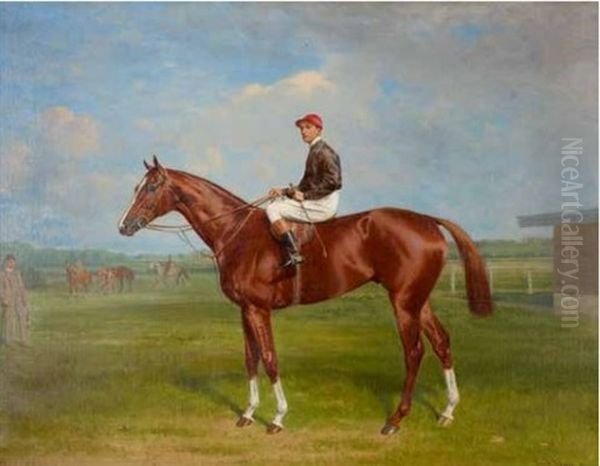 Jockey Zu Pferd Chilperic Nach Links, Gentleman Im Gelande Einer Rennbahn Oil Painting by Emil Adam