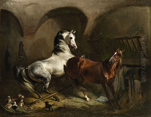 Vor Hundewelpen Scheuende Pferde Im Stall Oil Painting by Emil Adam