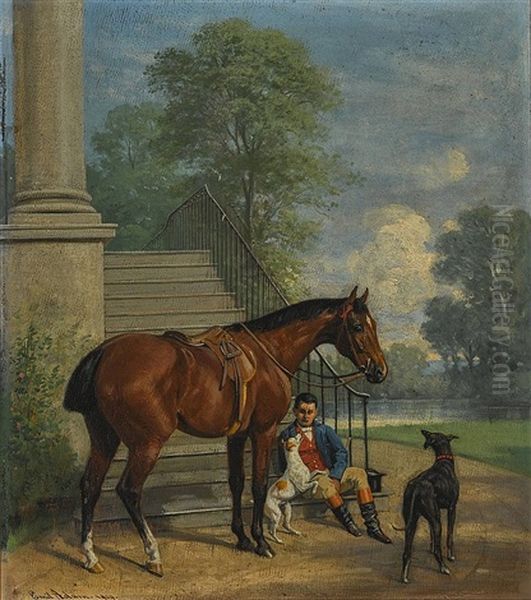 A Resting Horseman With A Horse And Two Dogs Oil Painting by Emil Adam