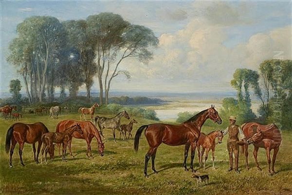 A Horseman With Thoroughbreds On The Paddock Oil Painting by Emil Adam