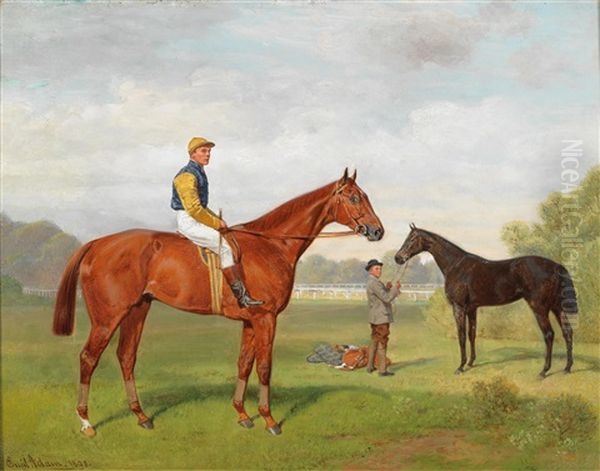 Arulo Und Komamasszony, Two Victorious Race Horses From The Estate Of Baron Hermann Von Konigswarter With Jockey Robert Adams Oil Painting by Emil Adam