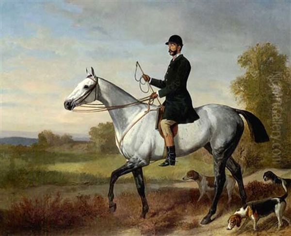 Reiter Auf Einem Schimmel Mit Drei Jagdhunden by Emil Adam