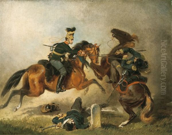 Reitergefecht Zwischen Osterreichischen Ulanen Gegen Piemontesische Kavallerie, Feldzug 1859, Osterreich Gegen Sardinien-piemont Oil Painting by Emil Adam