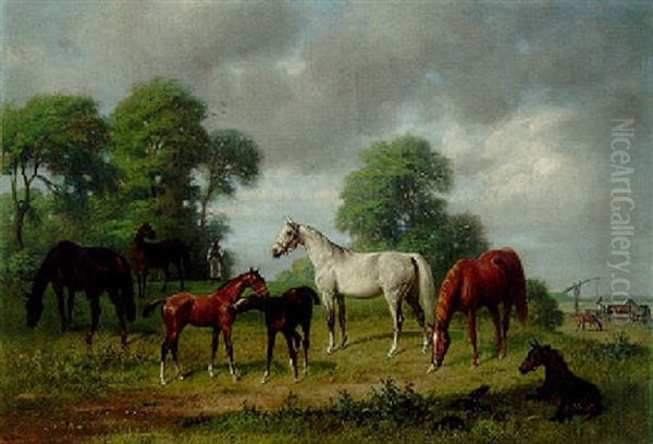 Mares And Foals In A Landscape Oil Painting by Emil Adam