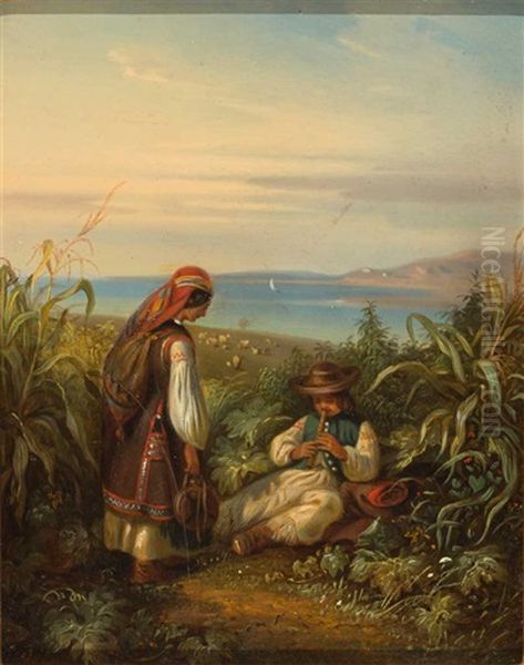 Adria-landschaft Mit Paar In Dalmatiner Tracht Oil Painting by Eugen Adam