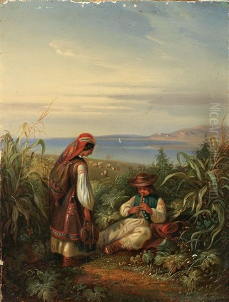 Dalmatinische Kuste Mit Paar In Tracht Oil Painting by Eugen Adam