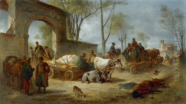 Eingang Zu Einer Osteria - Requisition Wahrend Der Schlacht Bei Novara, Piemont Oil Painting by Eugen Adam