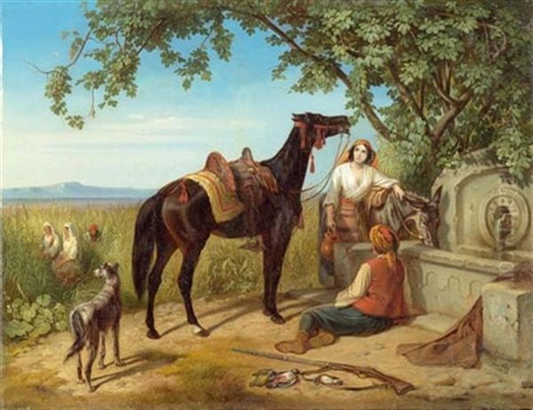 Mediterrane Landschaft Mit Bauern Und Tieren An Einem Brunnen Oil Painting by Eugen Adam