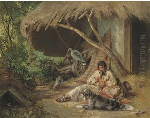 Zigeuneridylle (a Paraguayan Gaucho With His Dog) Oil Painting by Eugen Adam