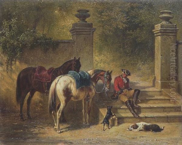 Rokokokavalier Mit Zwei Pferden Und Hunden Am Treppenaufgang Zum Schlosspark Oil Painting by Eugen Adam