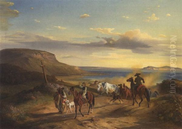 Pferdetreiber Und Hirte Am Ufer Eines Sees (in Ungarn Oder Dalmatien?) Oil Painting by Eugen Adam