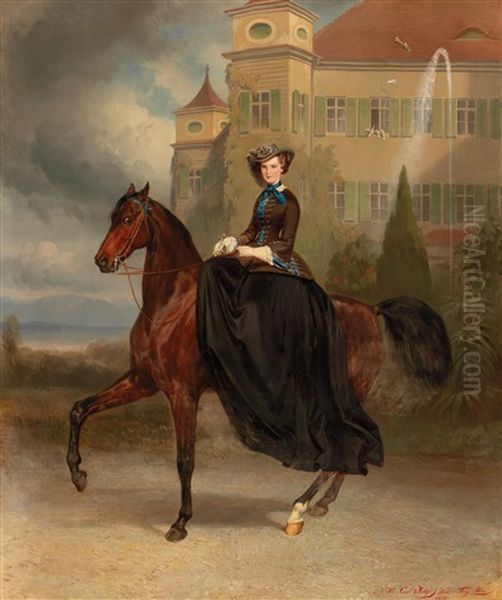 Empress Elisabeth Of Austria As Bride On Horseback In Possenhofen 1853 Oil Painting by Franz Adam