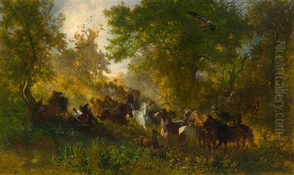 Herd Of Horses Galloping Oil Painting by Franz Adam