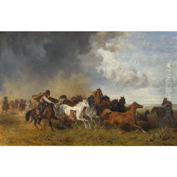 Reiter Mit Pferdeherde In Der Puszta Oil Painting by Franz Adam