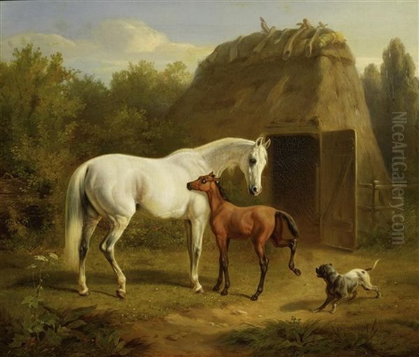 Stute Mit Ihrem Fohlen Oil Painting by Franz Adam