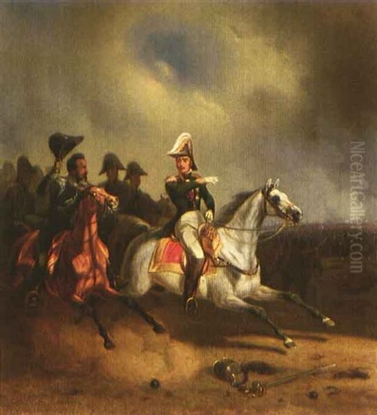 Eugene De Beauharnais, Vizekonig Von Italien Und Herzog Von Leuchtenberg, Gefolgt Von Seinen Offizieren In Gestrecktem Galopp Oil Painting by Franz Adam