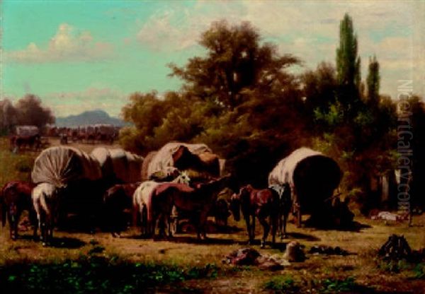 Bei Der Rast. Lagernder Trek Mit Ausgespannten Pferden Vor Planwagen In Sudlicher Landschaft Oil Painting by Franz Adam