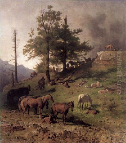 Pferde Auf Einer Hochalp Am Wiesenhang Oil Painting by Franz Adam