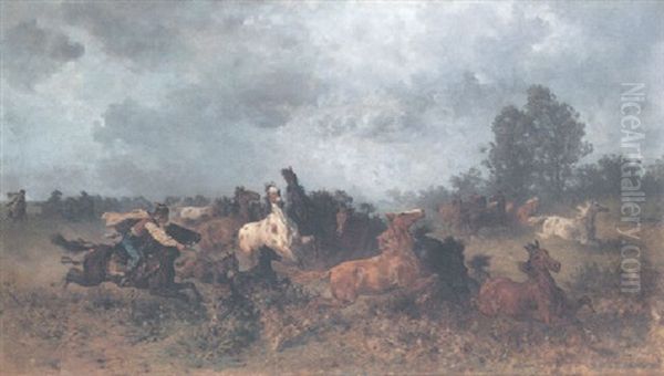 Ungarische Wildpferde In Der Puszta Oil Painting by Franz Adam