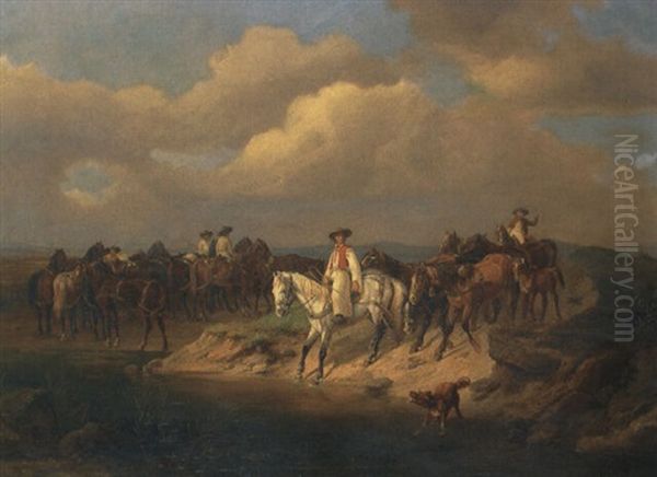 Ungarische Reiter Mit Pferden An Einer Furt Oil Painting by Franz Adam