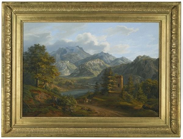 Ruin And Castle At The Fernsteinpass Oil Painting by Heinrich Adam