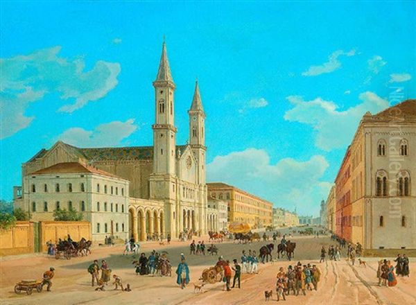 Blick Vom Siegestor Aus In Die Ludwigstrase Hinauf Zur Feldherrnhalle Mit Zahlreicher Personenstaffage Oil Painting by Heinrich Adam