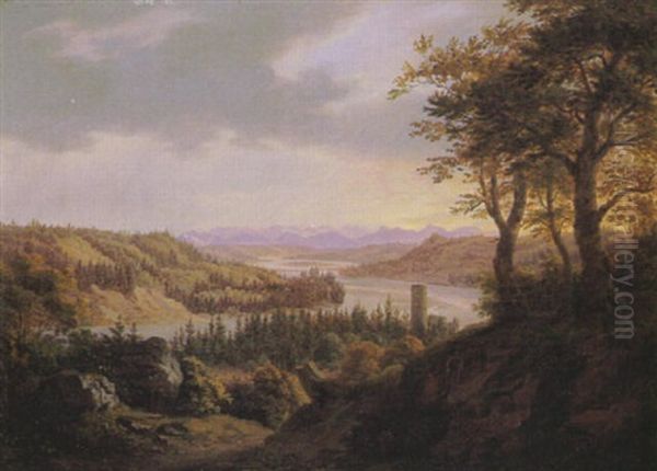 Blick Ins Isartal Mit Burg Schwaneck Bei Pullach Oil Painting by Heinrich Adam