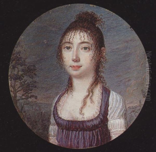 A Young Lady, Her Hair In A Bun And Ringlets, Wearing Decollete Dress With Purple Bodice And Short White Sleeves, Landscape Background Oil Painting by Isaac Adam