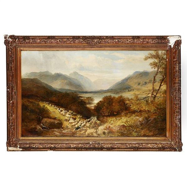 Herding Sheep By The Loch Oil Painting by Joseph Adam