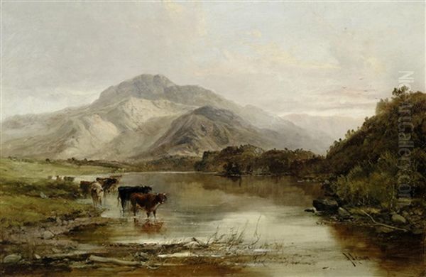 Cattle In A Highland Landscape Oil Painting by Joseph Adam