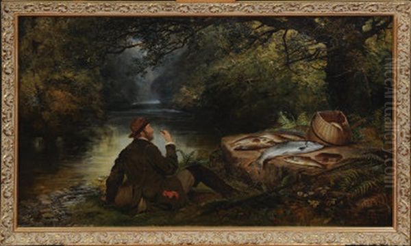 Fisherman Resting On A River Bank Oil Painting by Joseph Adam