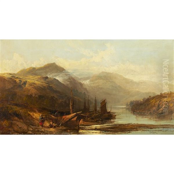 Figures Tending Fishing Boats Oil Painting by Joseph Adam