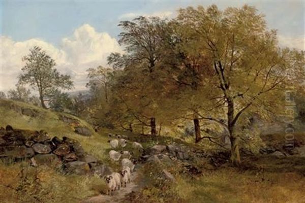 A Shepherd And His Flock On A Country Path (collab. W/joseph Denovan Adam) Oil Painting by Joseph Adam