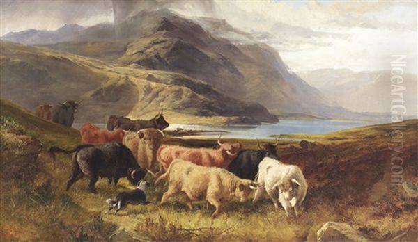 Droving Highland Cattle By A Lochside (collab. W/joseph Denovan Adam) Oil Painting by Joseph Adam