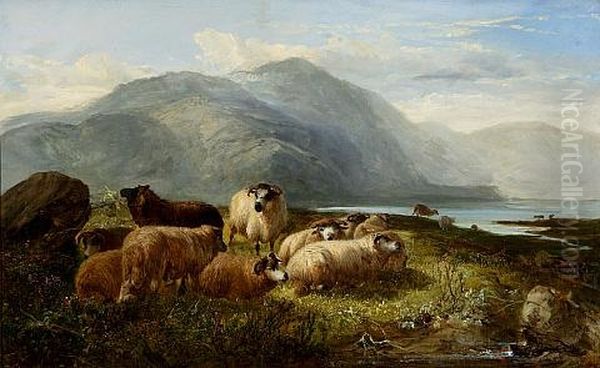 Sheep In A Highland Landscape (collab. W/joseph Denovan Adam) Oil Painting by Joseph Adam