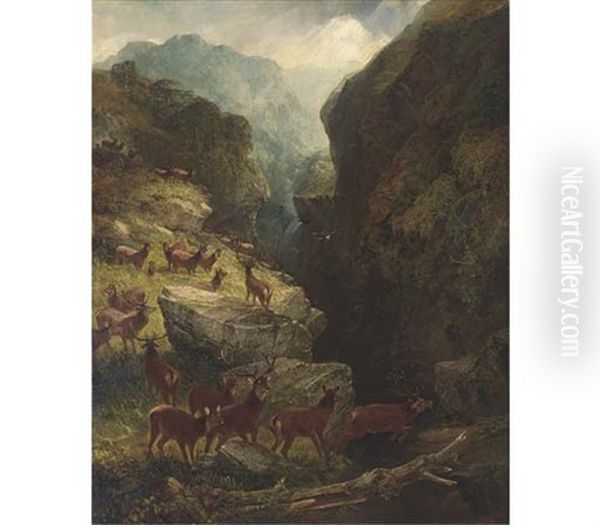 Deer In A Highland Landscape (collab. W/aster Corbould) Oil Painting by Joseph Adam