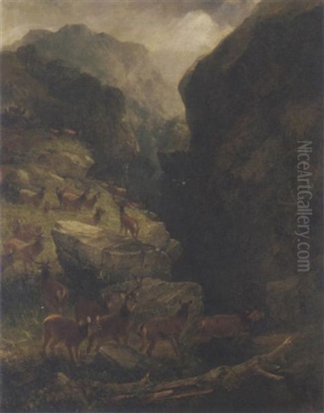 Deer In A Highland Landscape Oil Painting by Joseph Adam