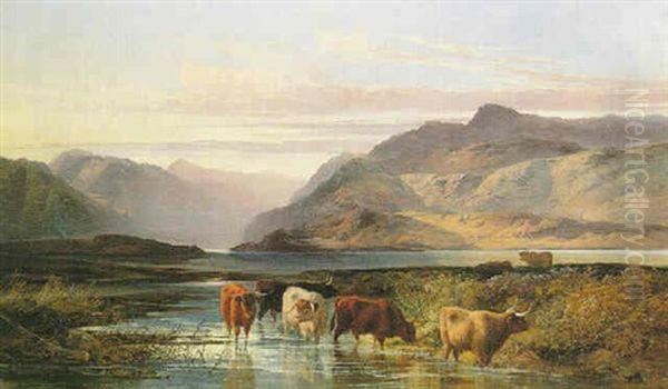 Highland Cattle Watering Oil Painting by Joseph Adam