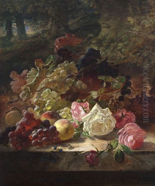 Still Life Of Fruit And Flowers In Woodland Setting Oil Painting by Joseph Denovan Adam