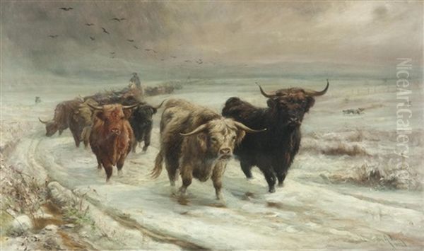 A Highland Cattle Drove In Snow Oil Painting by Joseph Denovan Adam