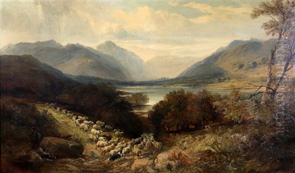 Scottish Landscape With A Flock Of Sheep Near A Lake Oil Painting by Joseph Denovan Adam