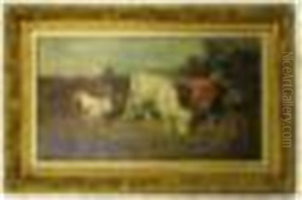 Highland Cattle With Woman Herding A White Calf Oil Painting by Joseph Denovan Adam